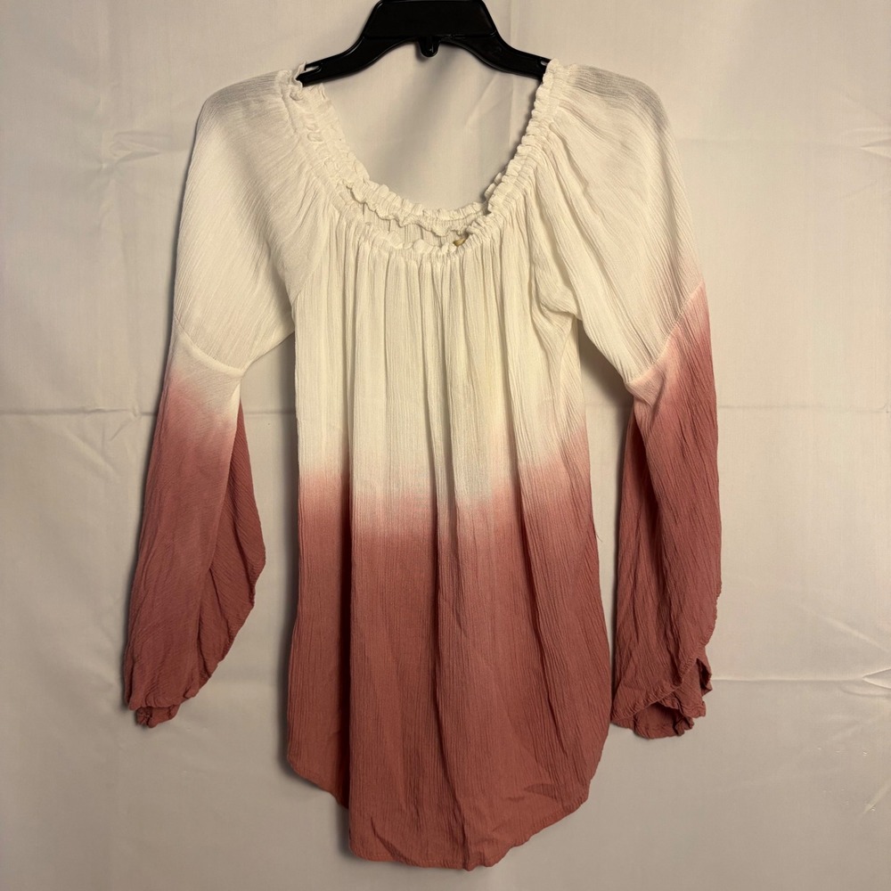 Love Notes Womens Dip Dye Ombre Off Shoulder Bell Sleeve Gauze Blouse Pink Large